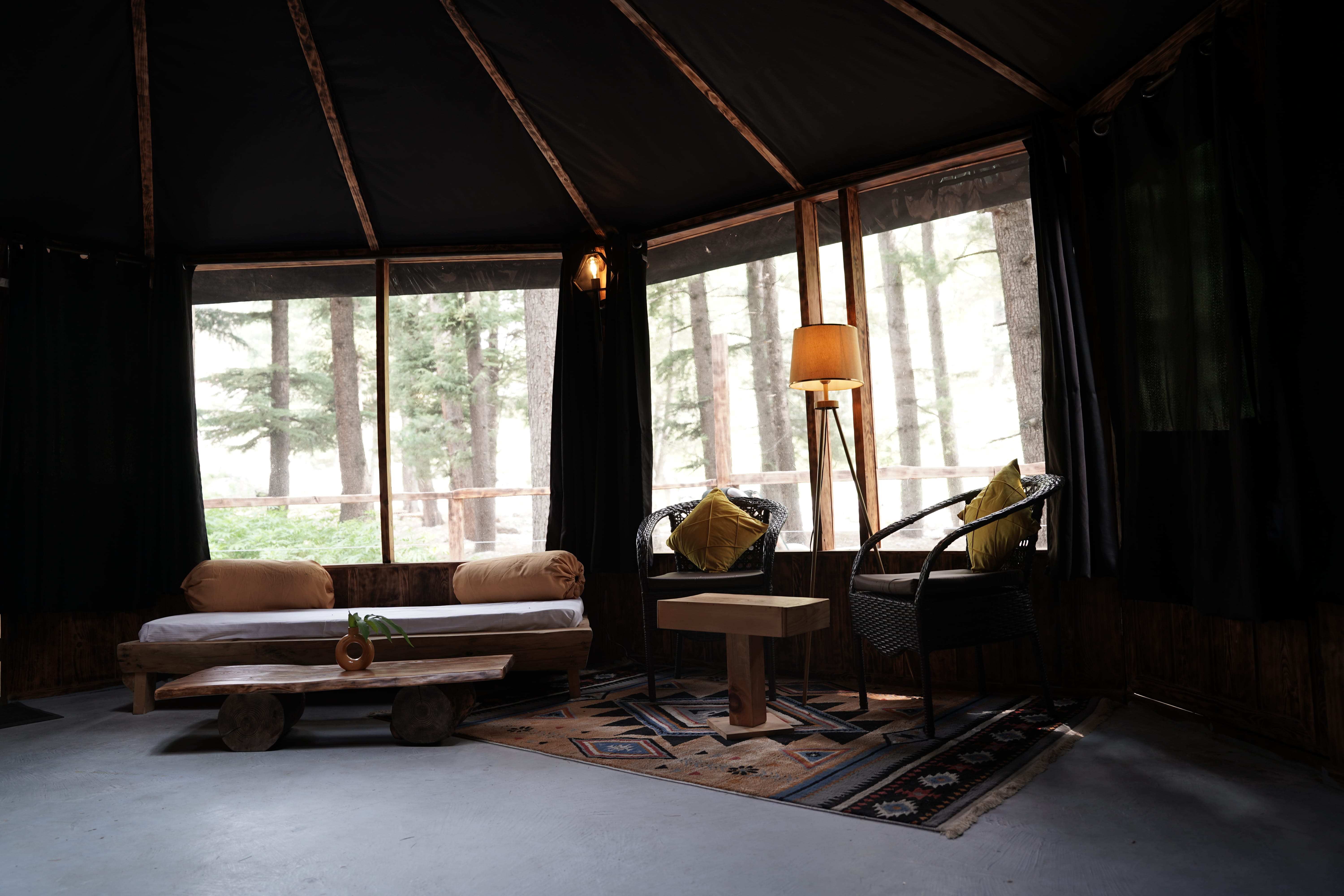 Bright daytime lounge with forest views, wooden daybed, wicker chairs, and natural light